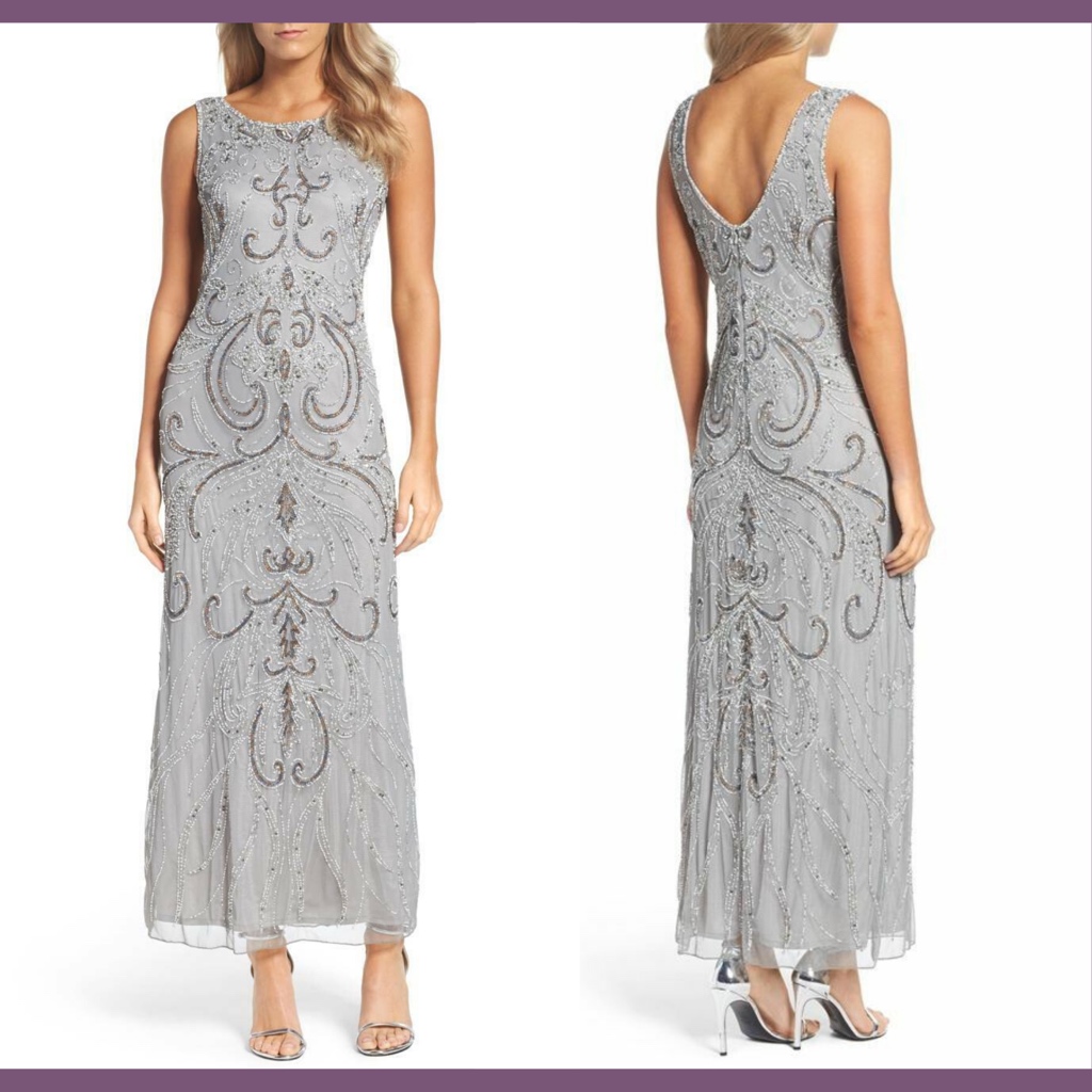 Nwt Pisarro Nights Scoop Back Embellished Gown [Sz 10 ] Grey Silver